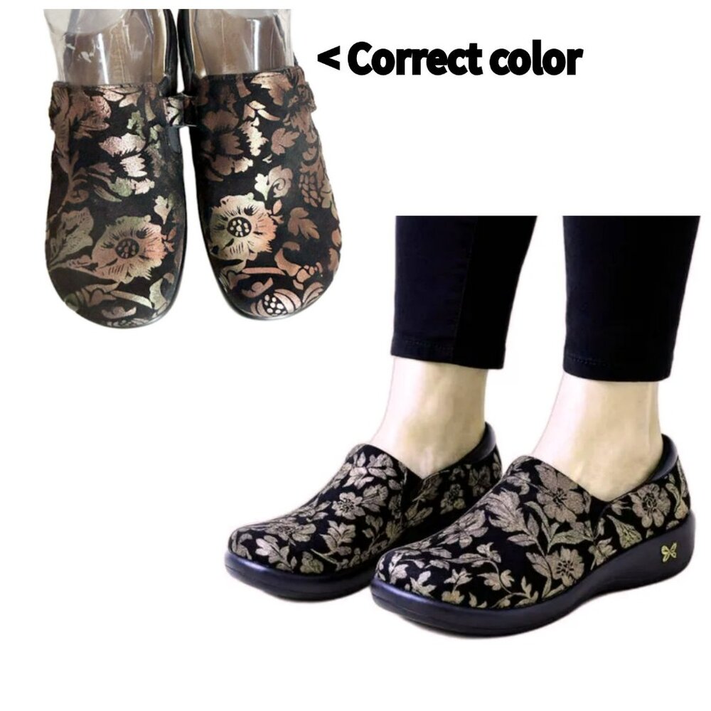 Alegria Comfort Shoes Euro 38 Black Gold Floral Clogs Excellent Fun! 7 7.5 8